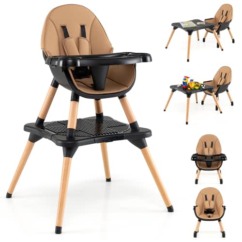 HONEY JOY Baby High Chair, 6-in-1 Convertible Wooden Highchair for Babies and Toddlers/Table Set/Toddler Chair with Safety Harness, 4-Position Removable Feeding Tray (Coffee)