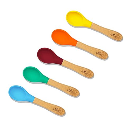 Avanchy® Baby Spoons 5 Bamboo and Silicone Set, Self Feeding Food Utensils, 4 Months Baby Led Weaning, 5 Pack W/Blue - Green, Blue, Orange, Yellow, Magenta