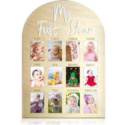 One Year Birthday Wooden Photo Board My First Year Milestone Photo Board 12 Monthly Picture Frame Baby First year Wood Acrylic Sign 1st Birthday Decorations Baby Keepsake Gift (2" x 3" photos - Wallet Size)