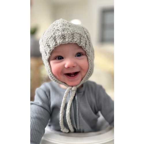 Hand Knitted Merino Wool Earflap Hat, Soft Fabric Lined Hat, Grey Knitted Baby Kids Winter Hat