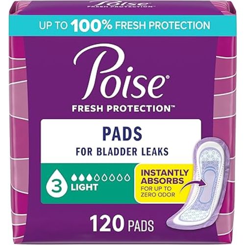 Poise Incontinence Pads & Postpartum Incontinence Pads, 3 Drop Light Absorbency, Regular Length, 120 Count (4 Packs of 30), Packaging May Vary