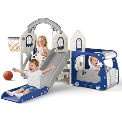 5-in-1 Bus Themed Toddler Slide Swing Set for Kid 1-3 Home/Backyard
