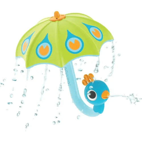 Yookidoo Baby Bath Toy (Ages 1-3) Green Peacock Umbrella Water Sprinkler with 3 Moving Pieces (Mold Free) - Fill with Water for Bubbles, Spinning & Sprinkler Effects - Toddler Bath Time & Pool Fun