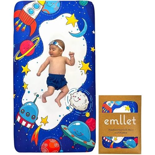 100% Cotton Fitted Crib Sheet – Cosmic Adventure Space Theme, Soft Nursery Bedding for Baby Boy or Girl, Fits Standard Crib Mattress 52x28in