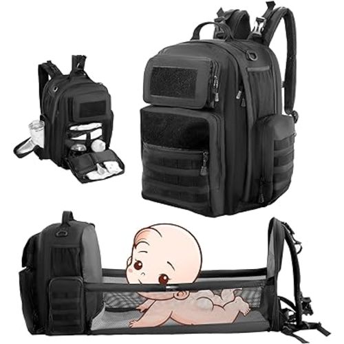 Diaper Bag Backpack for Dad with Changing Station, Expandable Black Military Diaper Bag Backpack with Waterproof Changing Pad,Large Tactical Mens Baby Bag,Unisex Molle Style Baby Backpack Bag