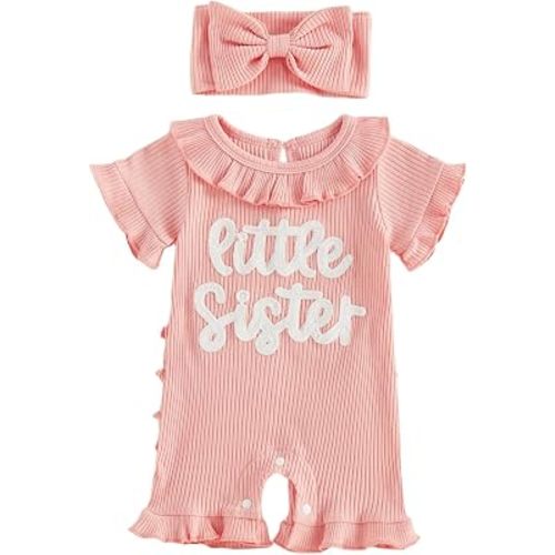 allshope Newborn Baby Girl Summer Outfit Romper Letter Embroidery Ruffle Trim Doll CollarJumpsuit Bodysuit Infant Clothes