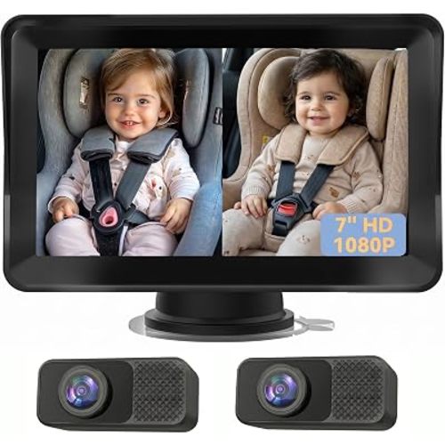 7" Split Screen Baby Car Camera for 2 Kids - 1080P Dual Car Seat Camera for Twins, Auto-Dimming Night Vision Baby Monitor, Anti-Glare Wired Plug & Play Safety Mirror for SUV/Sedan/Truck