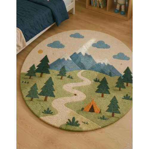Little Explorer Kids Rug | Round Adventure Nursery Carpet | Handmade Mountain Forest Decor