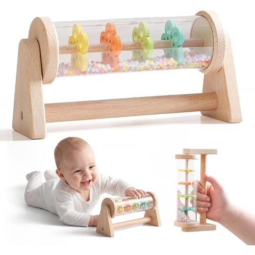 Rain Stick Toy with Stand - Sensory Sound Training Tool for Kids, Tummy Time Musical Instrument for Infant Development | Rainmaker with Wooden Base, Clear Tube, Colored Flower Discs and Beads