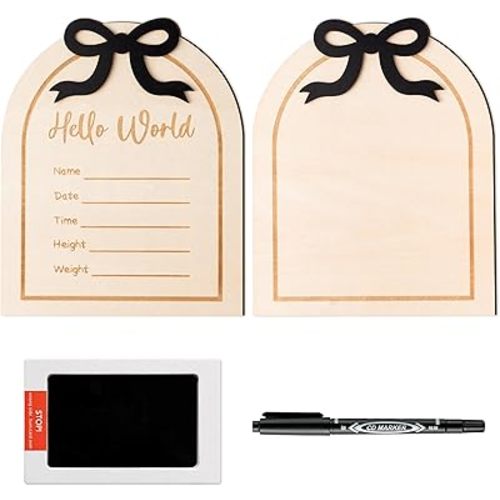 R HORSE Baby Birth Announcement Sign - 3D Coquette Black Bow Wooden Baby Birth Sign with Marker Pen and Ink Pad for Hand and Footprints, Newborn Announcement Board for Unisex Infant Nursery Decor