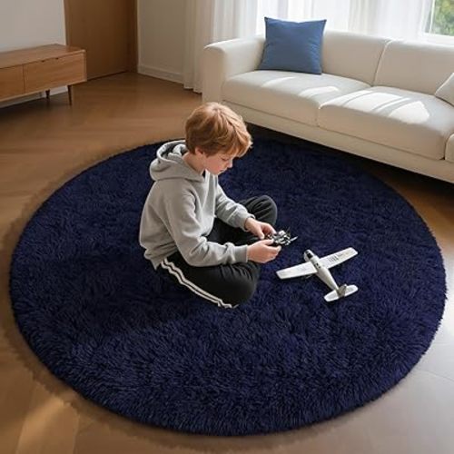 EVOIONOS Navy Blue Round Rug for Bedroom, 4x4 Ft Fluffy Soft Circle Area Rugs for Living Room, Plush Shaggy Circular Carpet for Indoor Floor Bedside Kids Nursery, Machine-Washable Home Decor Aesthetic