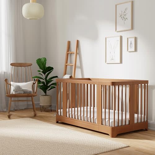 Newton Nest Convertible Crib for Baby and Toddler, Converts from Bassinet to Crib to Toddler Bed, Greenguard Gold, Solid Beech Wood Non-Toxic Finish - Chestnut, Sandstone Liner