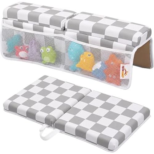 Bath Kneeler and Elbow Rest Pad Set - 1.5'' Thick Baby Bath Kneeler Pad, Foldable Memory Foam Kneeling Pad with 4 Toy Organizer Pockets, Quick Dry, Non-Slip, Checkered Pattern, Baby Bath Essentials