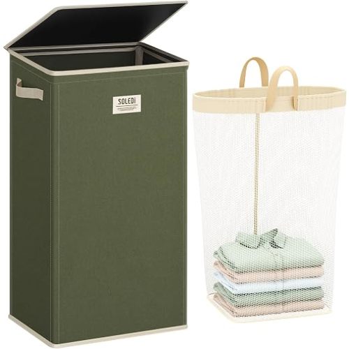 SOLEDI Laundry Hamper with Lid 100L Large & Tall Collapsible Laundry Basket, Clothes Hamper with Bag Removable Easy to Carry, Dirty Hampers for Bedroom, Bathroom, Dorm, College, Avocado