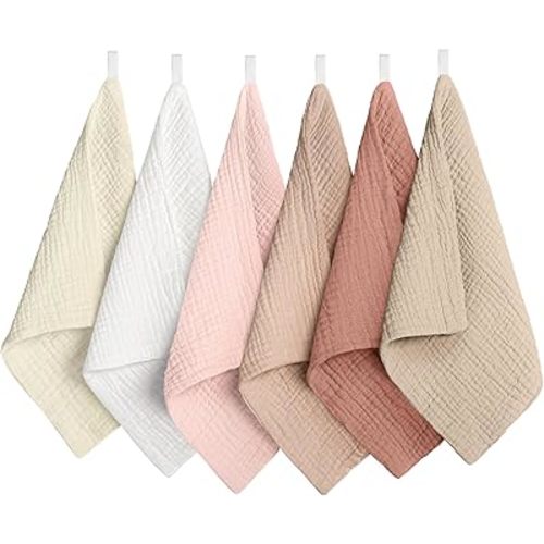 Muslin Baby Wash Cloths 10x10inch 100% Cotton Washcloth Soft Absorbent Baby Face Towel for Baby Girl Boy 6Packs (Pink&Brown)