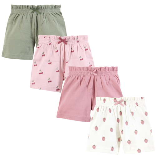 Hudson Baby Infant Girls Shorts Bottoms 4-Pack, Assorted Fruit, 0-3 Months