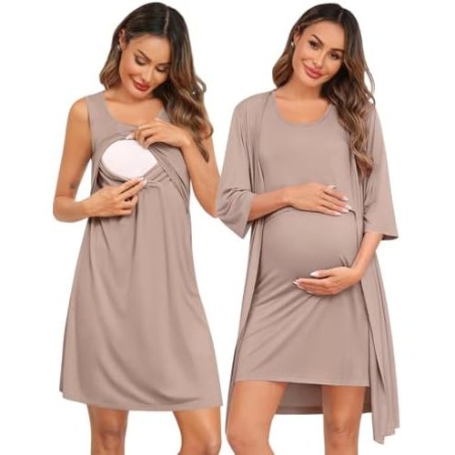 SWOMOG Women Maternity Nursing Gown and 3/4 Sleeve Robe Set Labor Delivery Nightgown Breastfeeding Hospital Bathrobe