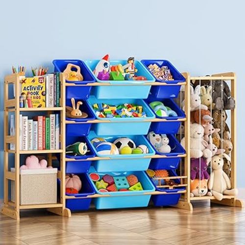 Toy Storage Organizer with Bookshelf and Stuffed Animal Storage - Kids Playroom Organization with Shelves and 12 Toy Bins - Toddler Living Room Toy Box for Lego - Nursery Bedroom Decor Essentials