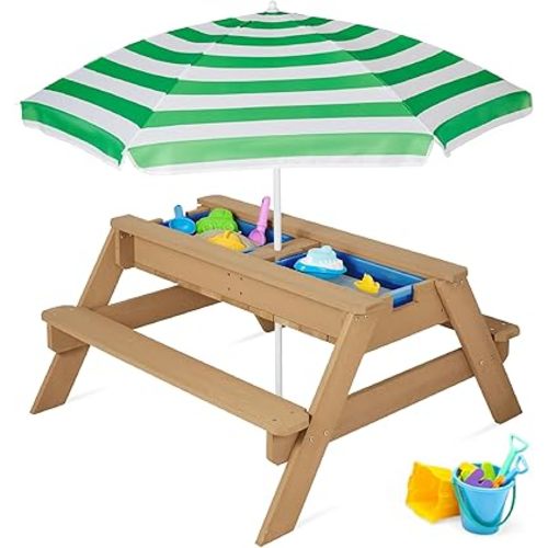 Best Choice Products Kids 3-in-1 Sand & Water Table, Wood Outdoor Convertible Picnic Table w/Umbrella, 2 Trays, Removable Top - Green