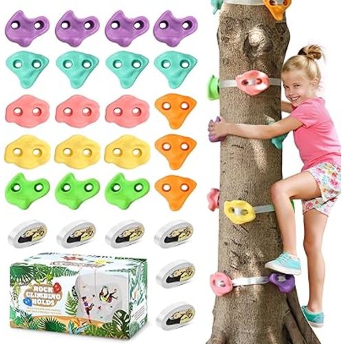 TOPNEW 20 Ninja Tree Climbing Holds for Kids Climber, Adult Climbing Rocks with 6 Ratchet Straps for Outdoor Ninja Warrior Obstacle Course Training, Soft Color