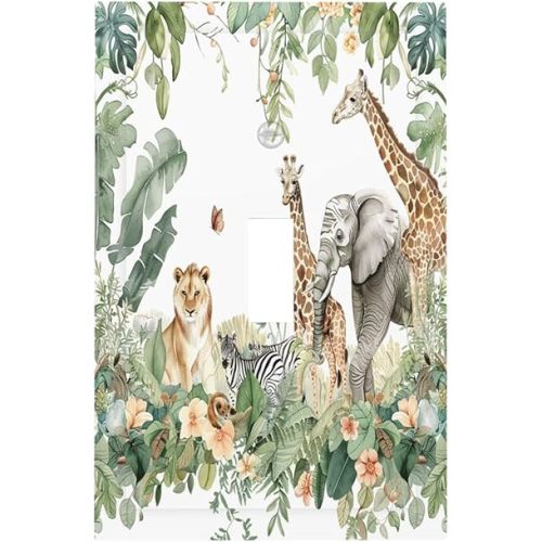 Decorative Light Switch Cover Tropical Leves And Safari Animals 1 Gang Single Toggle Device Electrical Faceplate Switchplates Decorator Outlet Wall Plate For Nursery Kids Room Decor