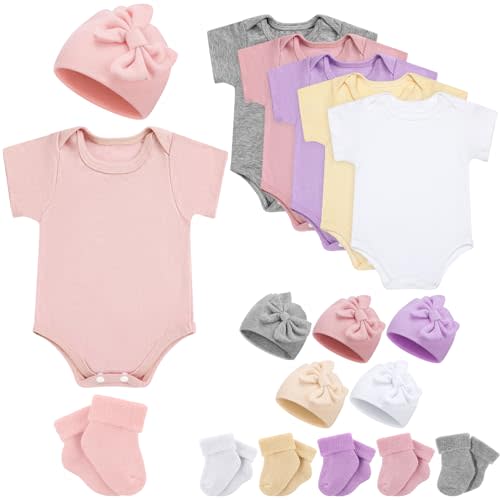 Glitopper 6 Pack Preemie Bodysuit Set Preemie Clothes Cotton Hat Socks Newborn Baby Layette Gift Set for Nicu Girls Boys