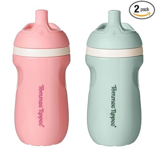 Tommee Tippee Insulated 9oz Sporty Spout Toddler Water Bottle, No Spill Sippy Cups for Toddlers 1-3, Two-Piece Valve Helps Stop Spills, BPA Free, Pink and Mint, Pack of 2