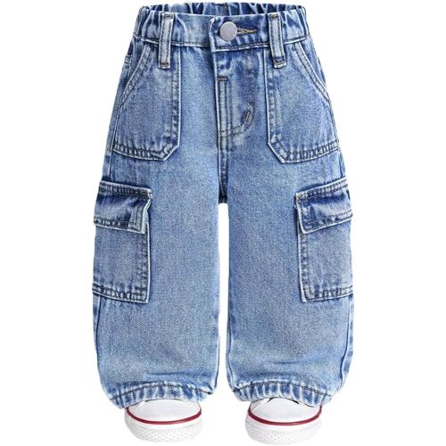 Toddler Boys Cargo Denim Pants Elastic Waist Straight Wide Leg Baggy Jeans Casual Loose Kids Clothes for 6M-3Y