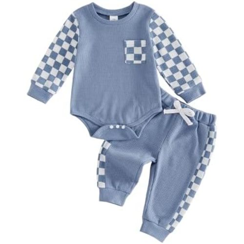 Newborn Baby Boy Girl Clothes Checkered Plaid Long Sleeve Waffle Knit Romper Pants Set 2 Piece Fall Winter Outfits