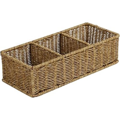 Waterproof Wicker Basket With 3 Compartments, Hand Woven Bathroom Counter Organizer, Small Storage Basket for Toilet Paper Storage, Countertop Shelf Toilet Tank (Light Brown)