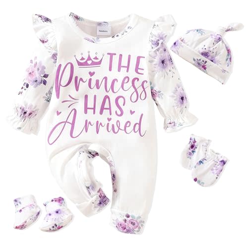Newborn Baby Girl Outfits Infant Romper Coming Home Ruffled Jumpsuit with Hat Mittens+Booties