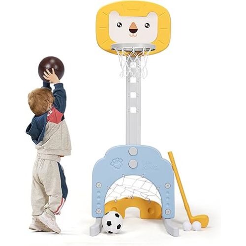 AKUSTIK 3 in 1 Toddlers Basketball Hoop Stand, Adjustable Height Sports Center with Basketball Soccer Golf Game Set, Portable Indoor Outdoor Activity Playset Gift for Kids 1-3