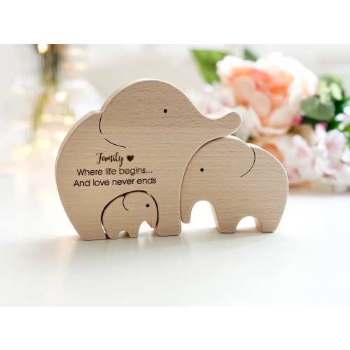 Pregnancy gift for first time moms . Wooden elephant puzzle . Family of 3 gift for expecting parents