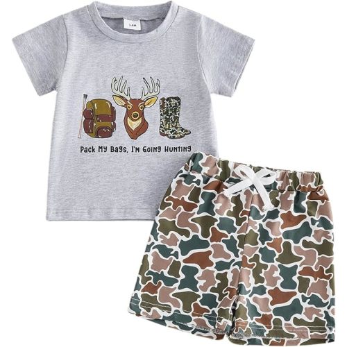 PUHHAPIEY Toddler Baby Boy Summer Clothes Retro Camo Hunting Shirts T-Shirt Camouflage Shorts Set 6 12 18 24 Months 2T 3T 4T