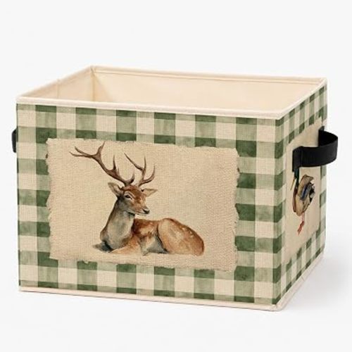 Mallard Duck Deer Nursery Storage Bins Box, Sage Green Gingham Plaid Animal Hunting Foldable Storage Basket with Handles for Boys Bedroom Bathroom Home Clothes Books Organizer