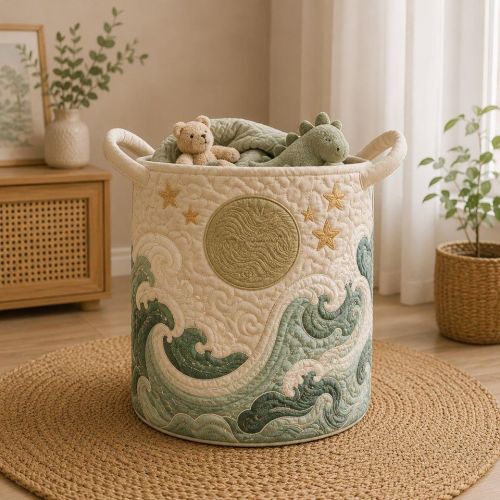 Ocean Wave Quilted Laundry Basket, Coastal Nursery Storage Bin, Nautical Toy Hamper, Sea Theme Blanket Organizer 14" x 18" sold by VisionVend | SKU 2638733366 | Printerval