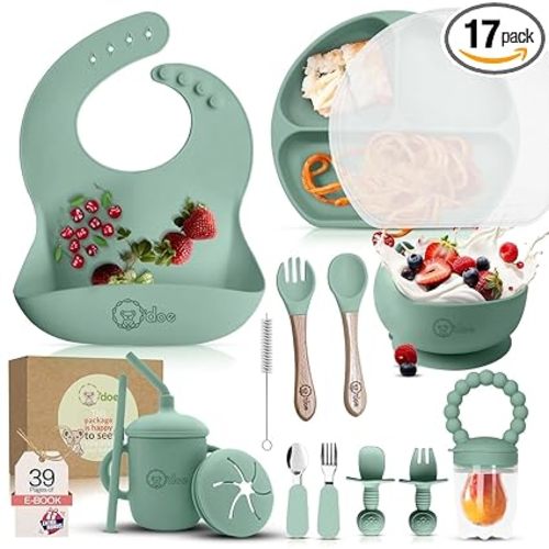 O'doe 17-Piece BPA-Free Silicone Baby Feeding Set | Thick & Soft Suction Plates, Baby Bowls, Wooden Fork & Spoon, and More | Make Mealtime Fun and Easy for Your Little One (Green, V2)