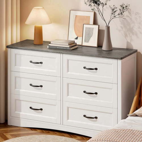 Lofka Two-Tone Dresser for Bedroom - 6 Drawer White Cabinet & Gray Top, Contemporary Storage Dresser, Sturdy Bedroom Dresser with Metal Handles & Anti-Tip Design