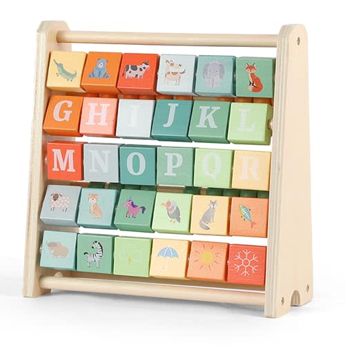 FReniland Wooden Activity Cube - Double-Sided Abacus & Alphabet Flip Tiles for Toddlers 18M+, Educational Learning Toy for Math and ABC Fun