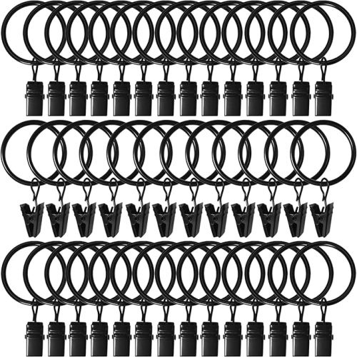 40 Pack Curtain Rings with Clips, Drapery Clips with Rings, Drapes Rings 1.26 in Interior Diameter, Fits up to 1 in Curtain Rod, Black