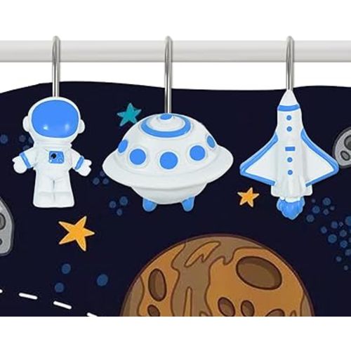 12 Pieces Outer Space Shower Curtain Hooks Rings, Galaxy Rocket Planet Decorative Shower Hooks for Shower Curtain, Stainless Steel Decorative Shower Hangers Rings for Bathroom