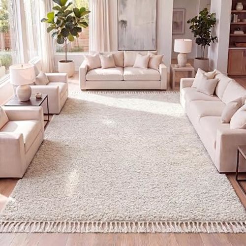 JONATHAN Y Mercer Shag Plush Tassel Cream Indoor Area Rug, 5x8, Contemporary, Modern, Easy-Cleaning for Living Room, Bedroom, Kitchen, Pet Friendly, Non-Shedding (MCR100D-5)