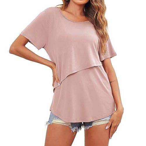 Ekouaer Women's Maternity Shirts Short Sleeves Nursing Tops 3 Pack Double Laye Breastfeeding Tees Pregnancy Clothes S-XXL
