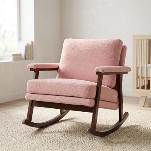Rocking Chair Nursery, Compact Glider Rocking Chair for Indoor Use, Small Upholstered Rocker Chair for Bedroom Living Room, Teddy Fleece Accent Chair, Pink