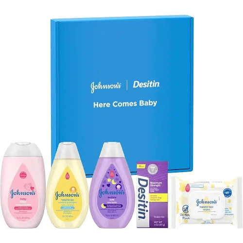 Johnson's Baby Here Comes Baby Gift Set, Baby Essentials for New Parents with Moisturizing Lotion, Bedtime Bath, Body Wash & Shampoo, Hand & Face Wipes, & Diaper Rash Cream, 5 Items