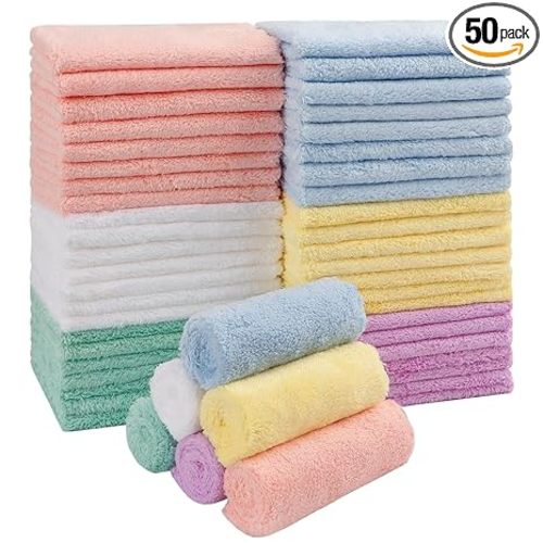 HOMEXCEL Baby Washcloths 50 Pack, Microfiber Coral Fleece Baby Bath Face Towel 7 x 9 Inch Extra Absorbent and Soft Burp Cloth and Wash Cloths for Newborn,Infants and Toddlers, Gentle On Sensitive Skin