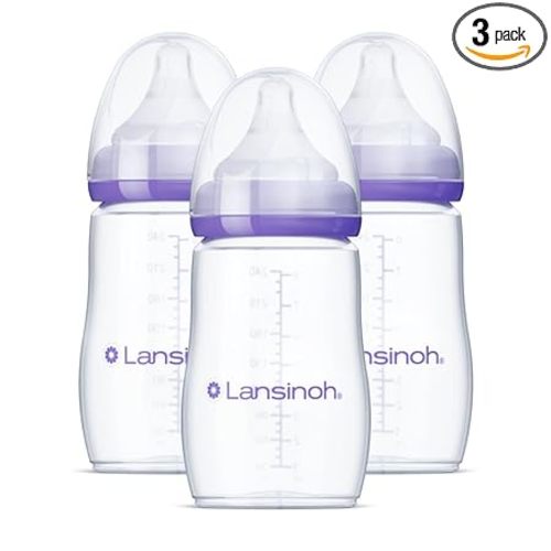Lansinoh Anti-Colic Baby Bottles, BPA-Free Plastic, 8 Ounces, 3 Count, Medium Flow Nipples (Size M), Breastfeeding Bottle with NaturalWave Design, Baby Essentials