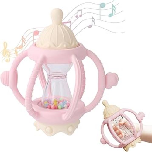 Socub Baby Rattle Teether Toys for 0-12 Months, 2-in-1 Sensory Hand Grasp Shaker with Soft Silicone Teething Ball & Pacifier, BPA Free Chew Toy for 6-12 Months, Newborn Gift for Boys and Girls (Pink)