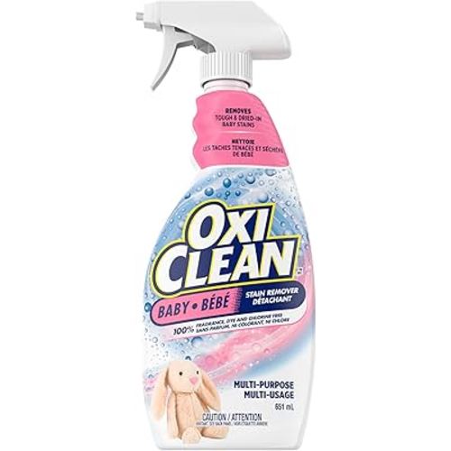 OxiClean All-Purpose Baby Enzyme Stain Remover Spray for Cloth Diapers, Bedding, Blankets, and Upholstery - Colour Safe, Chlorine Bleach, Fragrance Free, 651 ml