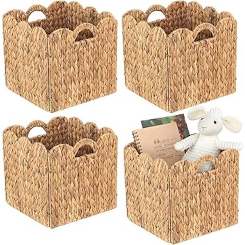 Set of 4 Foldable Scalloped Water Hyacinth Storage Cubes Basket, Storage Cube Bins -12"x12"x12", Collapsible Cube Organizers, Water Hyacinth Woven Bins for Bathroom, Bedroom, Laundry, Pantry, Shelves
